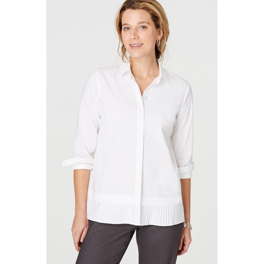 J. Jill White Shirt Collection Pleated Hem Button Down Top White Large Modern